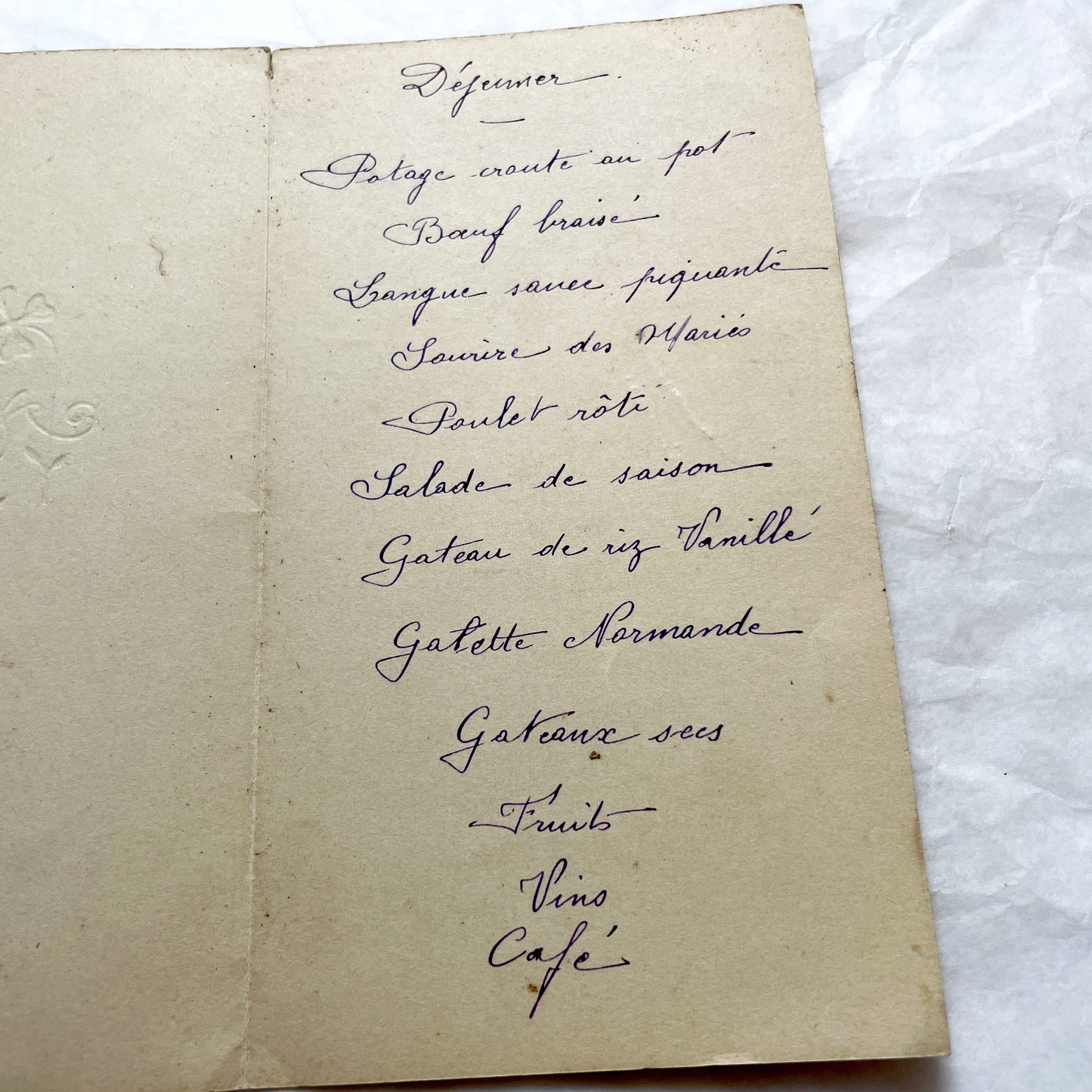 1940s - Vintage French Wedding Menu Card - Antique Bridal Dinner Lunch - Special Event Ephemera - 1947 - Simone and Marcel Marriage