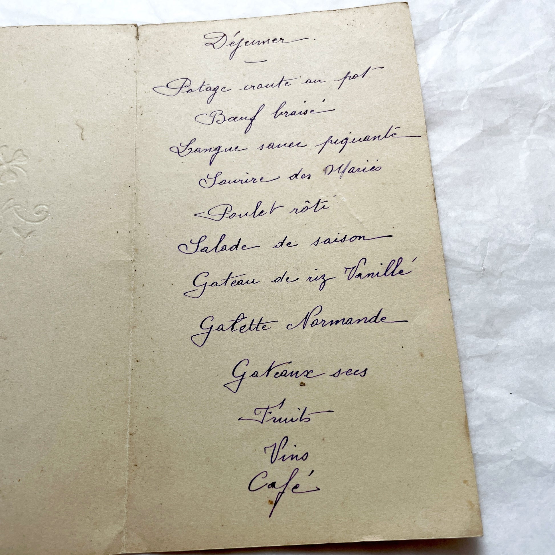 1940s - Vintage French Wedding Menu Card - Antique Bridal Dinner Lunch - Special Event Ephemera - 1947 - Simone and Marcel Marriage