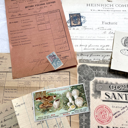 1920s French Ephemera Lot with vintage paper documents, old letters, invoices, postcards, photos, and stamps.