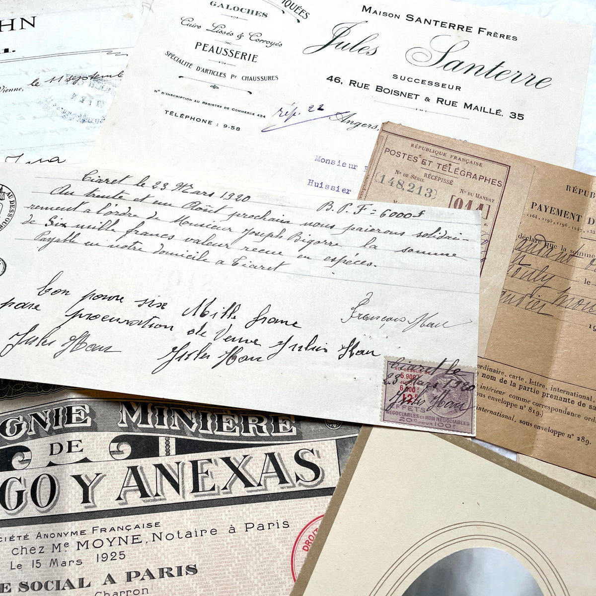 1920s French Ephemera Lot with vintage paper documents, old letters, invoices, postcards, photos, and stamps.