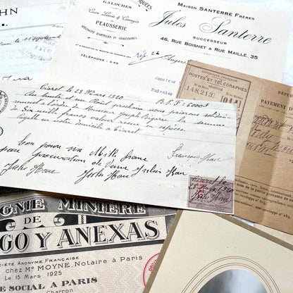 1920s French Ephemera Lot with vintage paper documents, old letters, invoices, postcards, photos, and stamps.
