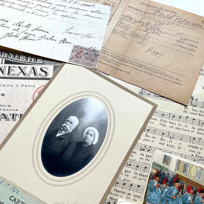 1920s French Ephemera Lot with vintage paper documents, old letters, invoices, postcards, photos, and stamps.
