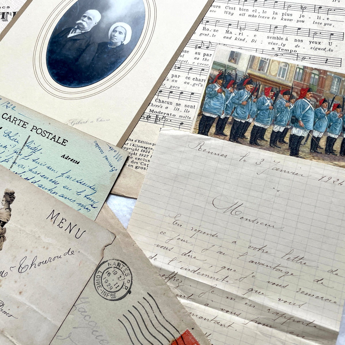 1920s French Ephemera Lot with vintage paper documents, old letters, invoices, postcards, photos, and stamps.