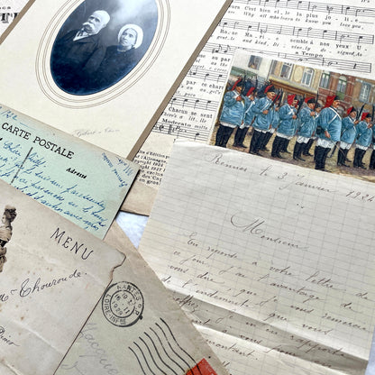 1920s French Ephemera Lot with vintage paper documents, old letters, invoices, postcards, photos, and stamps.