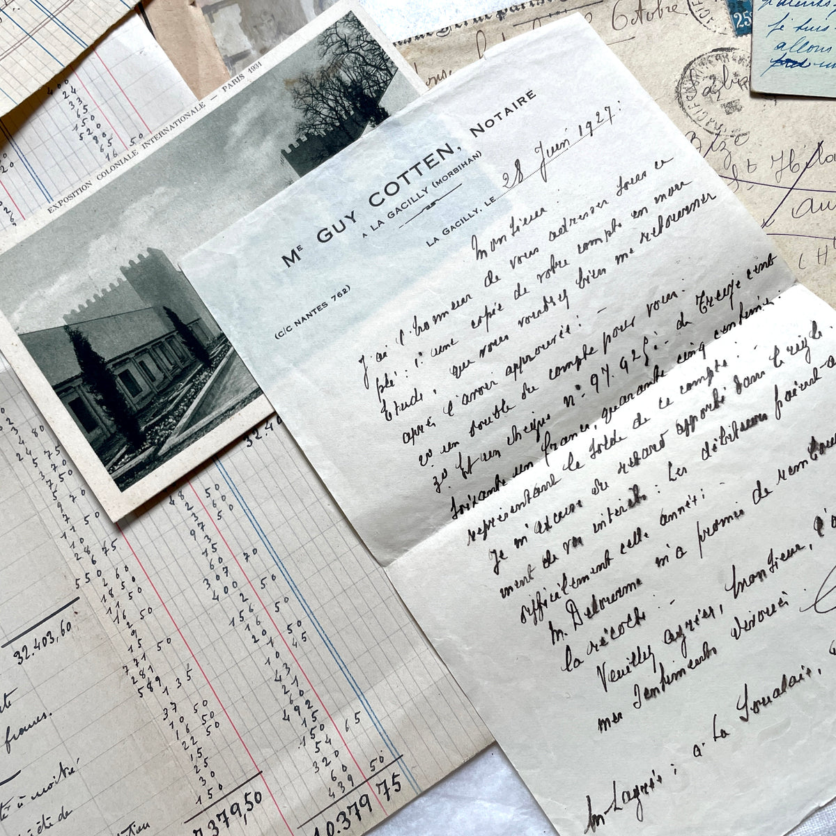 1920s French Ephemera Lot with vintage paper documents, old letters, invoices, postcards, photos, and stamps.