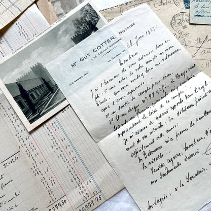 1920s French Ephemera Lot with vintage paper documents, old letters, invoices, postcards, photos, and stamps.