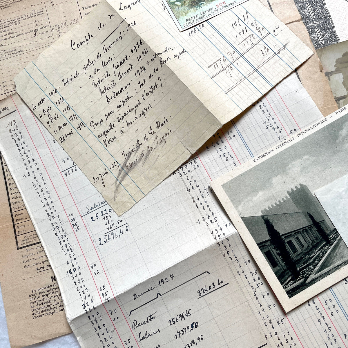 1920s French Ephemera Lot with vintage paper documents, old letters, invoices, postcards, photos, and stamps.