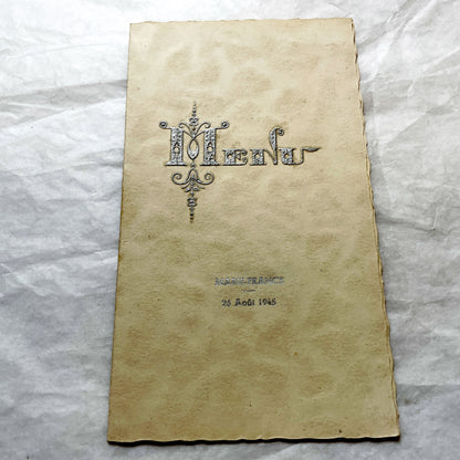 1940s - Vintage French Menu - August 1945 Post-War Marie-France Event Card - Elegant Dinner Lunch Collectible Historic Paper