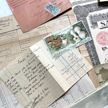 1920s French Ephemera Lot with vintage paper documents, old letters, invoices, postcards, photos, and stamps.