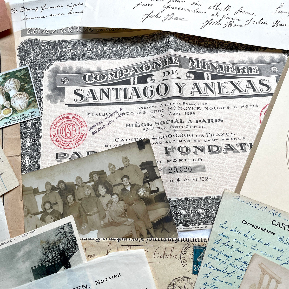 1920s French Ephemera Lot with vintage paper documents, old letters, invoices, postcards, photos, and stamps.