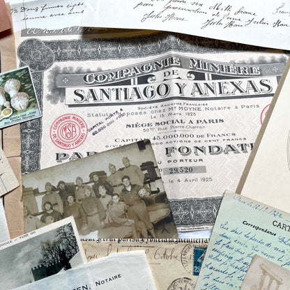 1920s French Ephemera Lot with vintage paper documents, old letters, invoices, postcards, photos, and stamps.