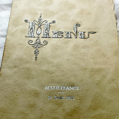 1940s - Vintage French Menu - August 1945 Post-War Marie-France Event Card - Elegant Dinner Lunch Collectible Historic Paper