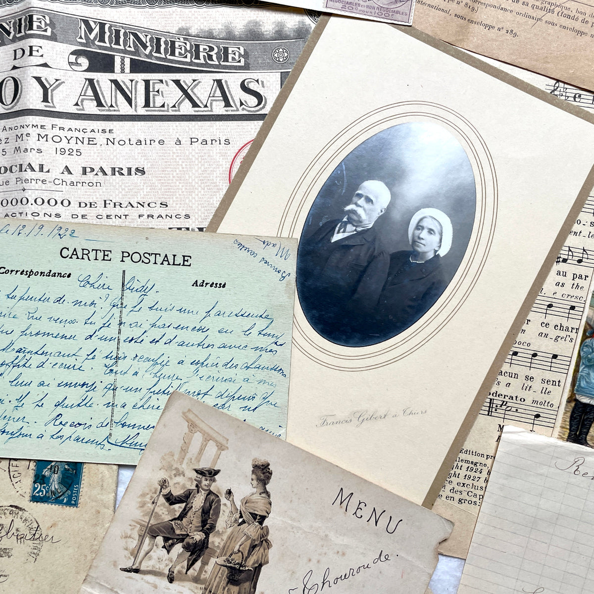 1920s French Ephemera Lot with vintage paper documents, old letters, invoices, postcards, photos, and stamps.