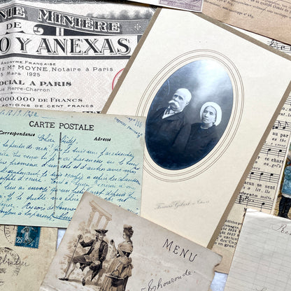 1920s French Ephemera Lot with vintage paper documents, old letters, invoices, postcards, photos, and stamps.