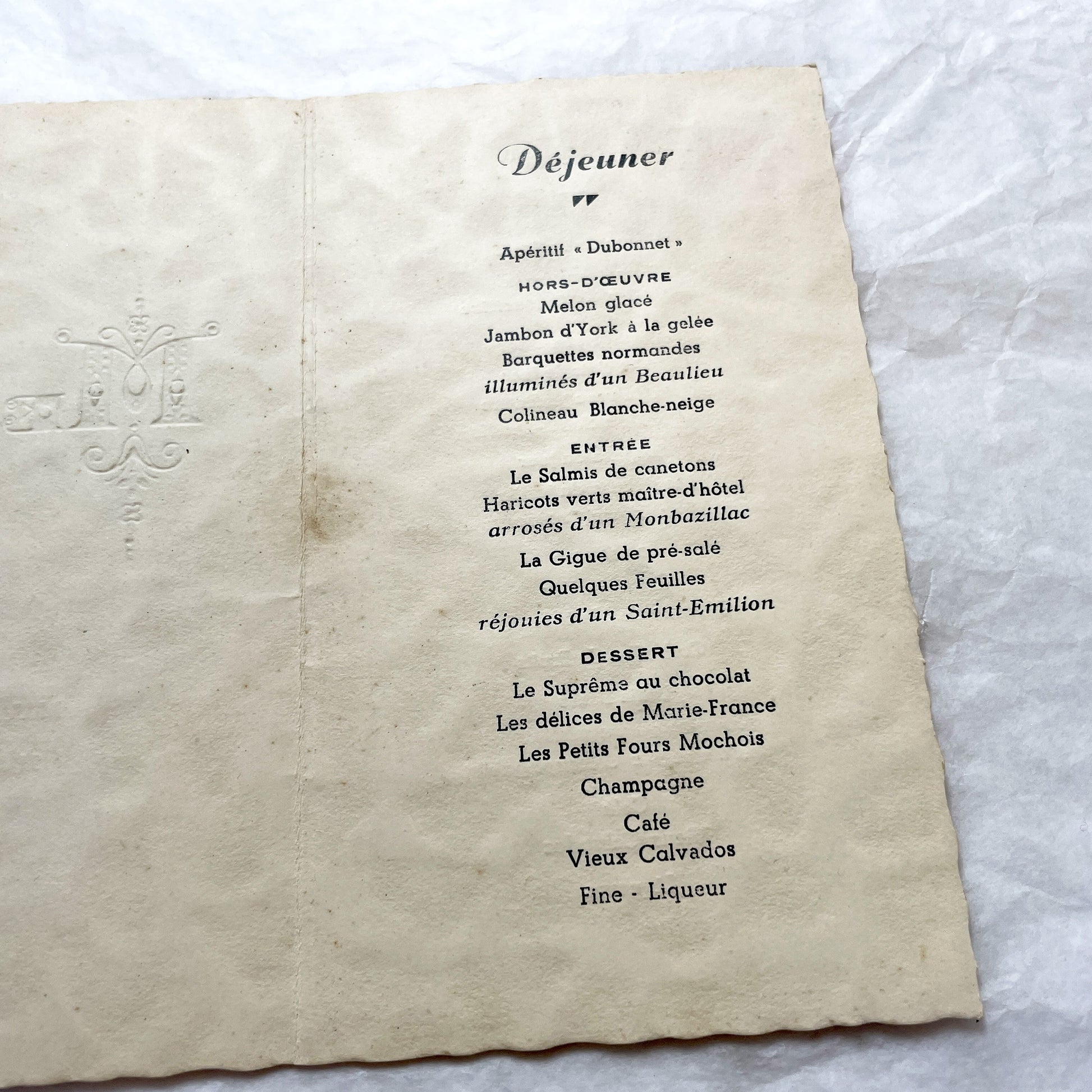 1940s - Vintage French Menu - August 1945 Post-War Marie-France Event Card - Elegant Dinner Lunch Collectible Historic Paper