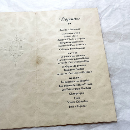1940s - Vintage French Menu - August 1945 Post-War Marie-France Event Card - Elegant Dinner Lunch Collectible Historic Paper