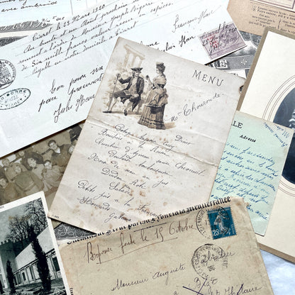 1920s French Ephemera Lot with vintage paper documents, old letters, invoices, postcards, photos, and stamps.