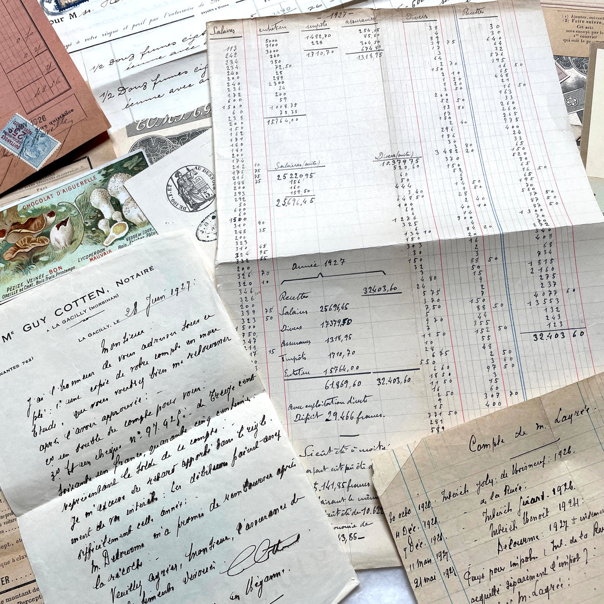 1920s French Ephemera Lot with vintage paper documents, old letters, invoices, postcards, photos, and stamps.