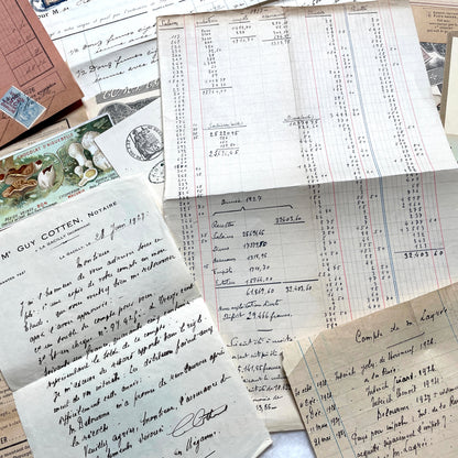 1920s French Ephemera Lot with vintage paper documents, old letters, invoices, postcards, photos, and stamps.