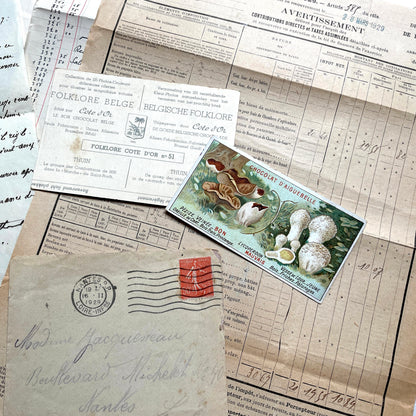 1920s French Ephemera Lot with vintage paper documents, old letters, invoices, postcards, photos, and stamps.