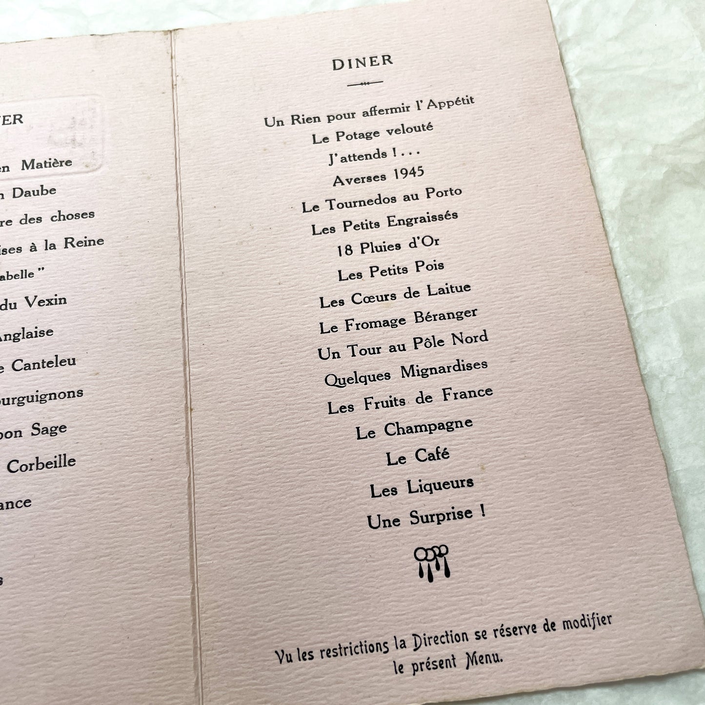 1940s - French Vintage Silver Wedding Anniversary Menu - 1945 Post War Event - Historical Culinary Document - Elegant Pink Cardstock