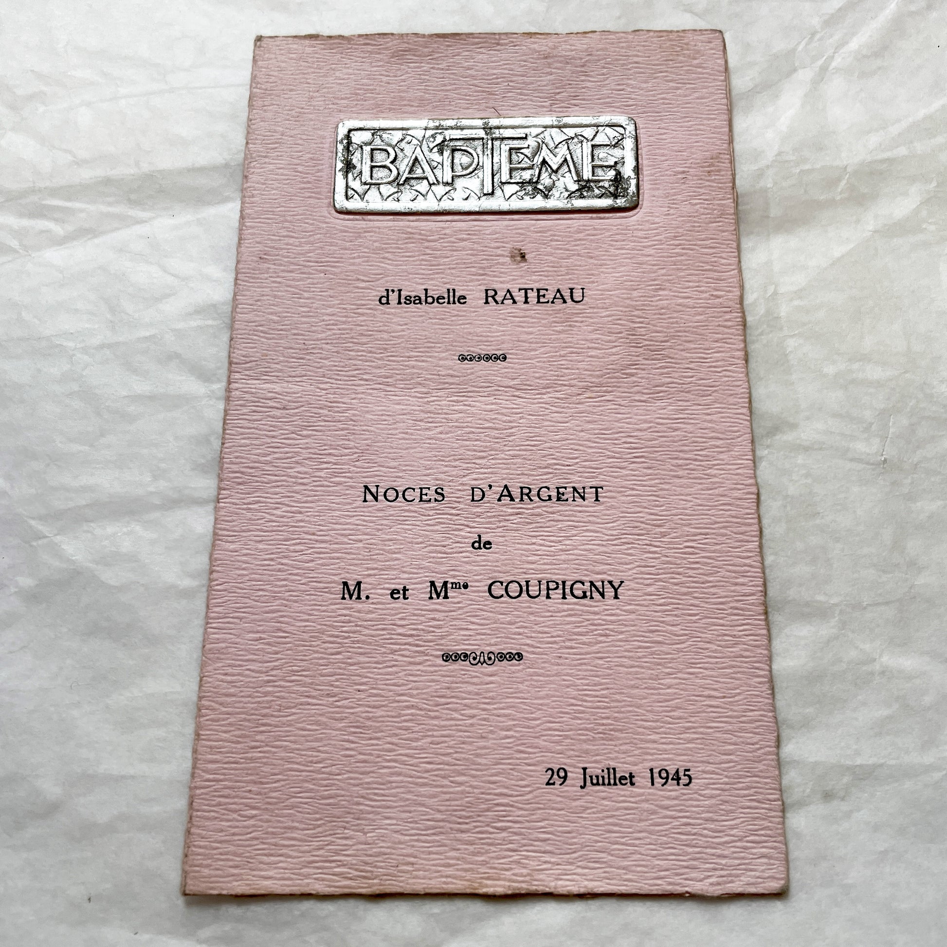1940s - Vintage French Menu Card - 1945 Baptism & Silver Wedding - Post-War Celebration Ephemera - Historical Event Document