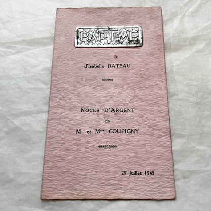 1940s - Vintage French Menu Card - 1945 Baptism & Silver Wedding - Post-War Celebration Ephemera - Historical Event Document