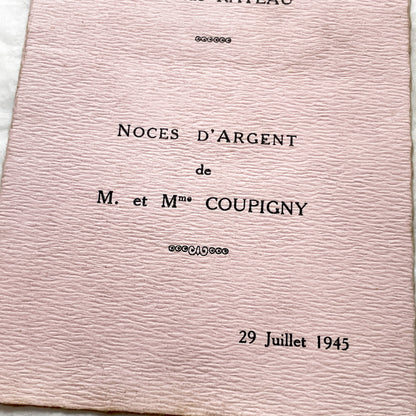 1940s - Vintage French Menu Card - 1945 Baptism & Silver Wedding - Post-War Celebration Ephemera - Historical Event Document