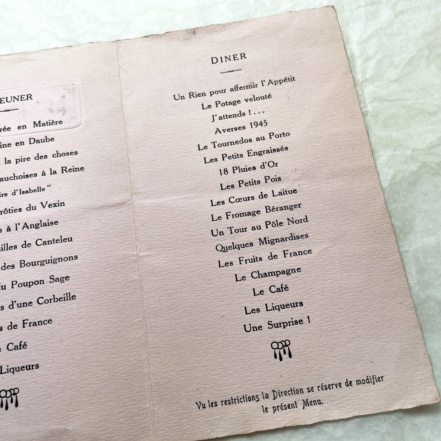1940s - Vintage French Menu Card - 1945 Baptism & Silver Wedding - Post-War Celebration Ephemera - Historical Event Document
