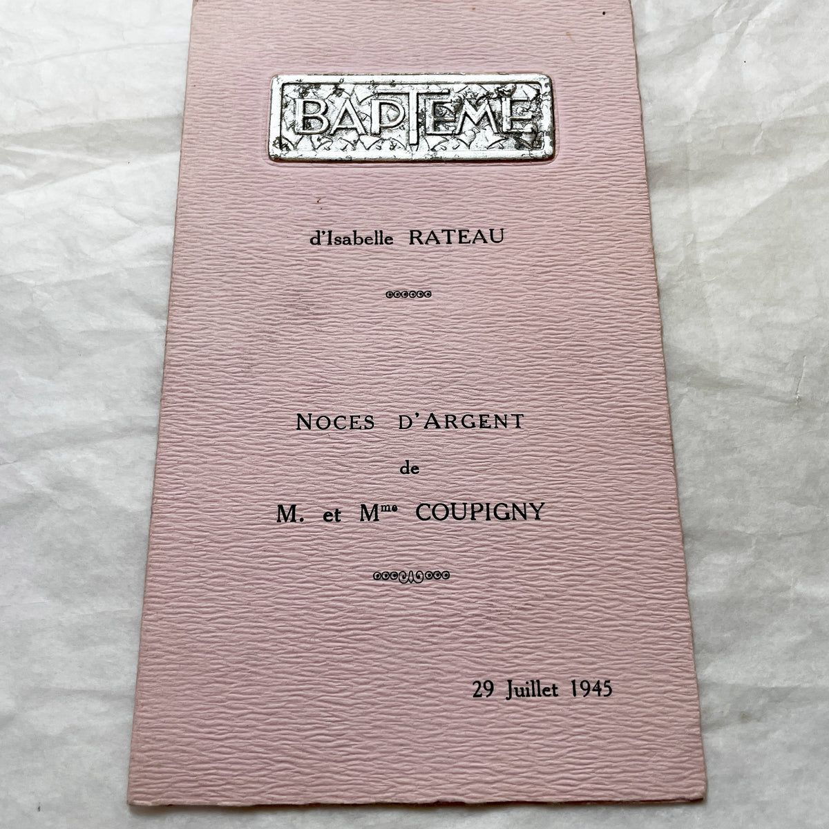 1940s - French Vintage Menu Card - Baptism Isabelle Rateau - Silver Wedding Coupigny - Post-War France Paper Ephemera - Dated 1945