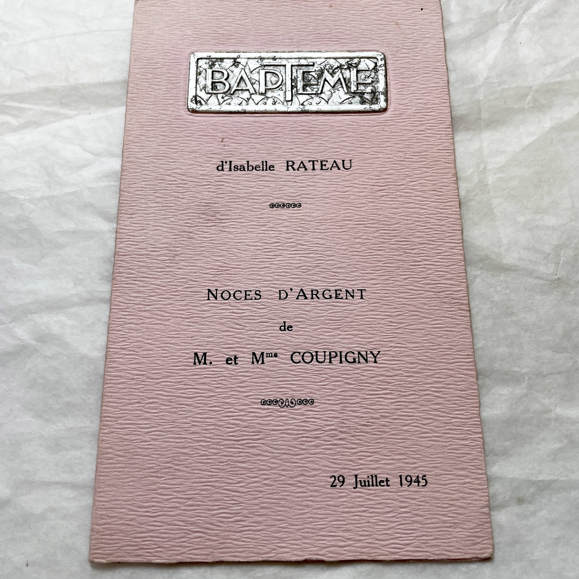 1940s - French Vintage Menu Card - Baptism Isabelle Rateau - Silver Wedding Coupigny - Post-War France Paper Ephemera - Dated 1945