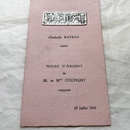1940s - French Vintage Menu Card - Baptism Isabelle Rateau - Silver Wedding Coupigny - Post-War France Paper Ephemera - Dated 1945