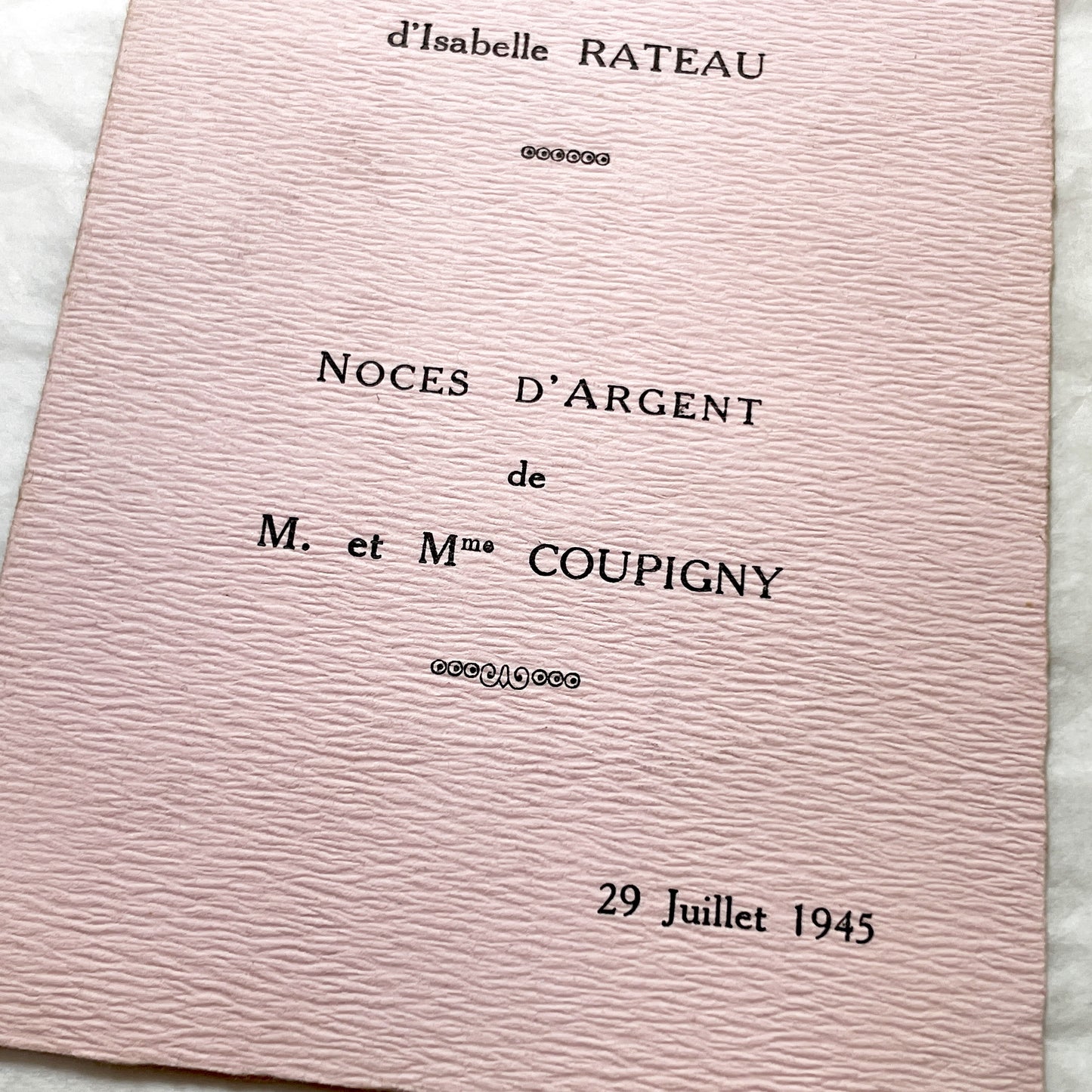 1940s - French Vintage Menu Card - Baptism Isabelle Rateau - Silver Wedding Coupigny - Post-War France Paper Ephemera - Dated 1945