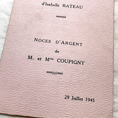 1940s - French Vintage Menu Card - Baptism Isabelle Rateau - Silver Wedding Coupigny - Post-War France Paper Ephemera - Dated 1945
