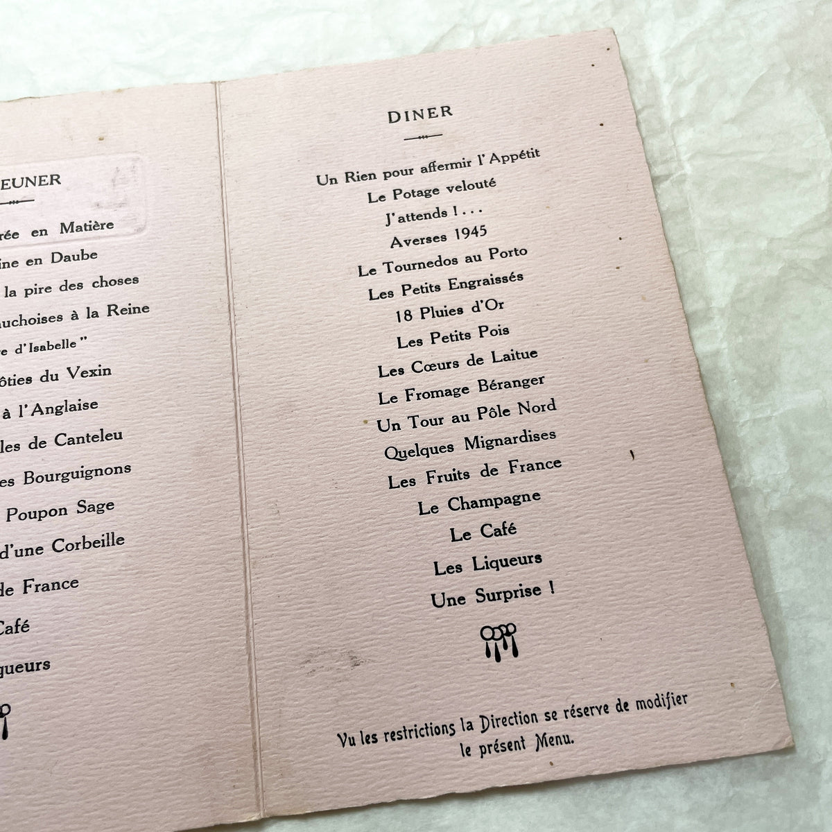 1940s - French Vintage Menu Card - Baptism Isabelle Rateau - Silver Wedding Coupigny - Post-War France Paper Ephemera - Dated 1945