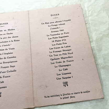 1940s - French Vintage Menu Card - Baptism Isabelle Rateau - Silver Wedding Coupigny - Post-War France Paper Ephemera - Dated 1945