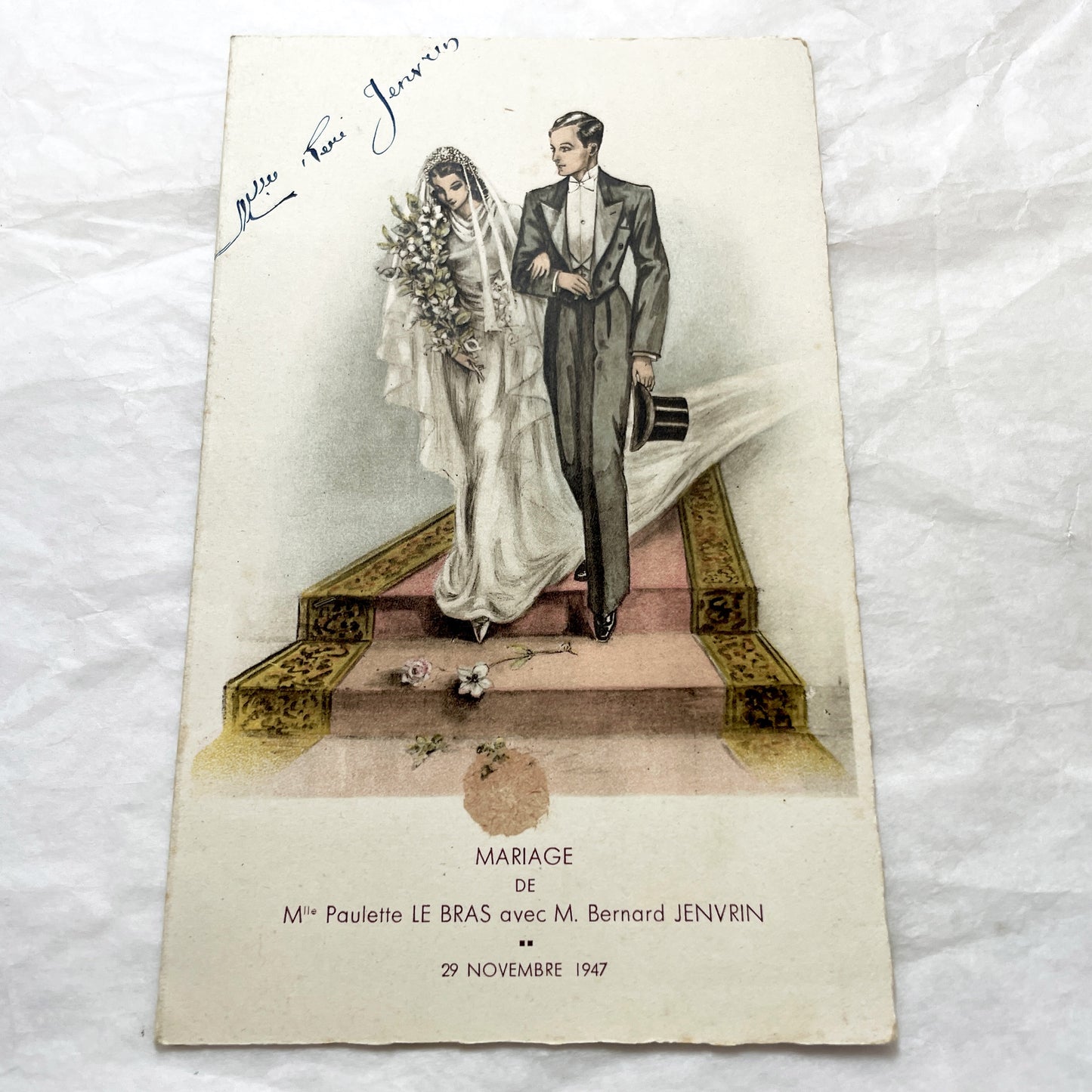 1940s - Vintage French Wedding Celebration Menu - Paulette and Bernard Marriage - Elegant Post-War Document - Historical Culinary Ephemera