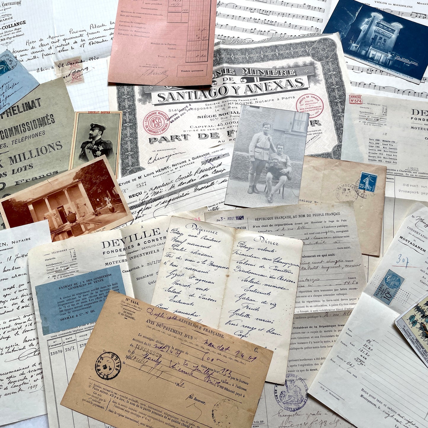 1920s French documents lot with vintage letters, receipts, menu, postcard, and stock certificate, all paper ephemera.