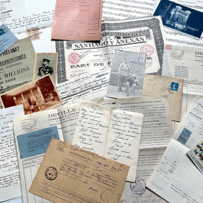 1920s French documents lot with vintage letters, receipts, menu, postcard, and stock certificate, all paper ephemera.