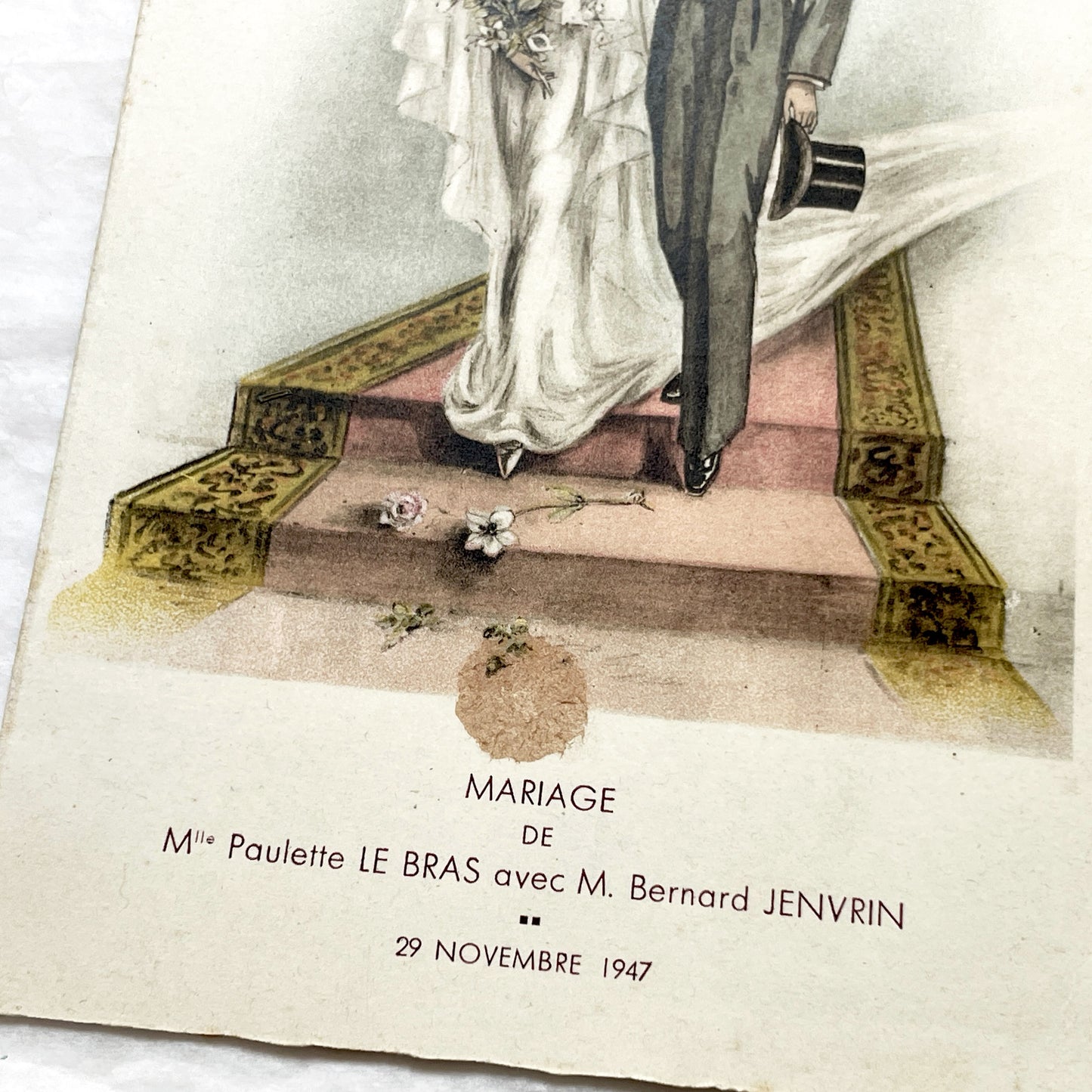 1940s - Vintage French Wedding Celebration Menu - Paulette and Bernard Marriage - Elegant Post-War Document - Historical Culinary Ephemera