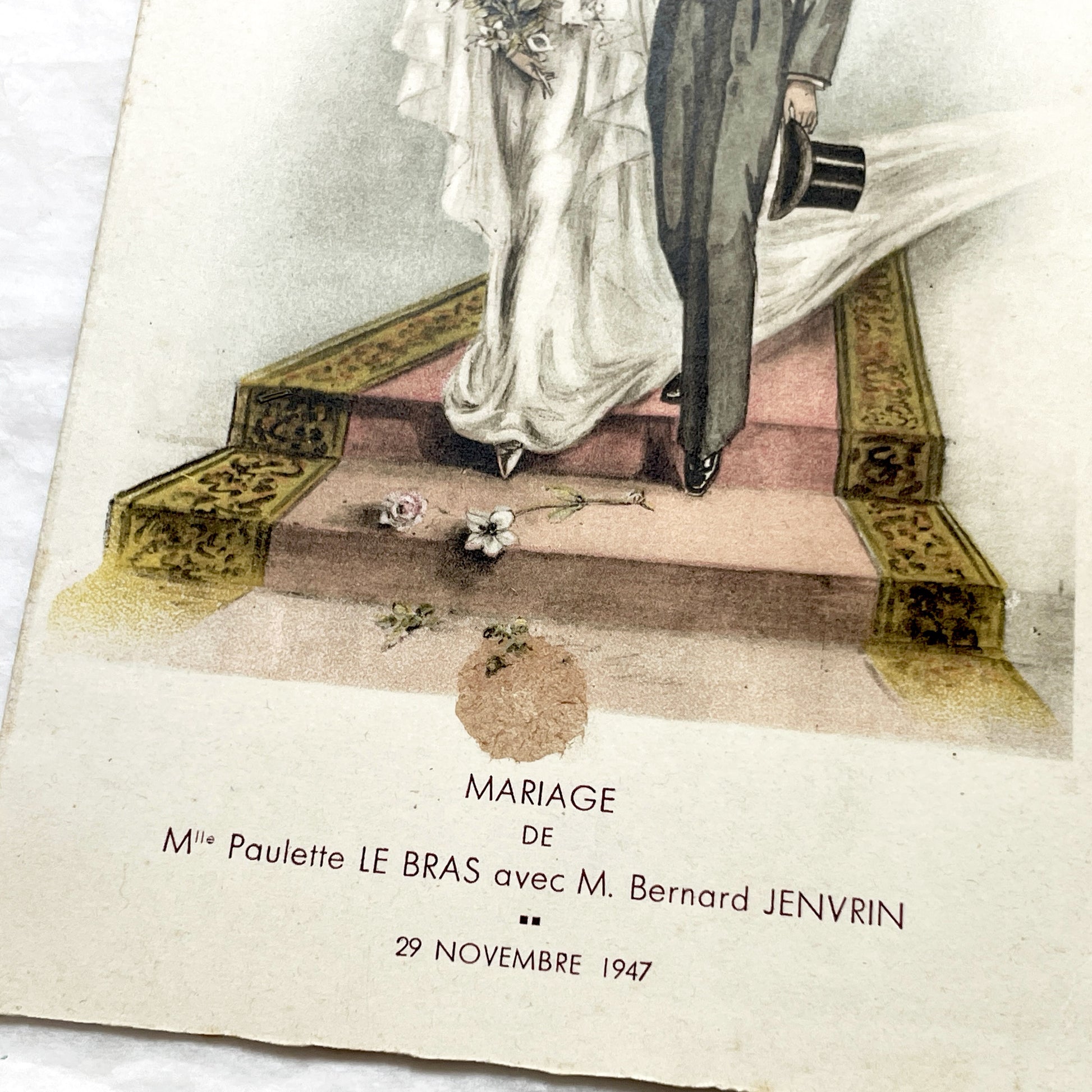 1940s - Vintage French Wedding Celebration Menu - Paulette and Bernard Marriage - Elegant Post-War Document - Historical Culinary Ephemera