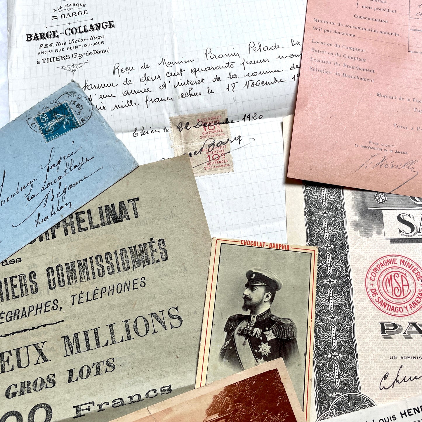 1920s French documents lot with vintage letters, receipts, menu, postcard, and stock certificate, all paper ephemera.