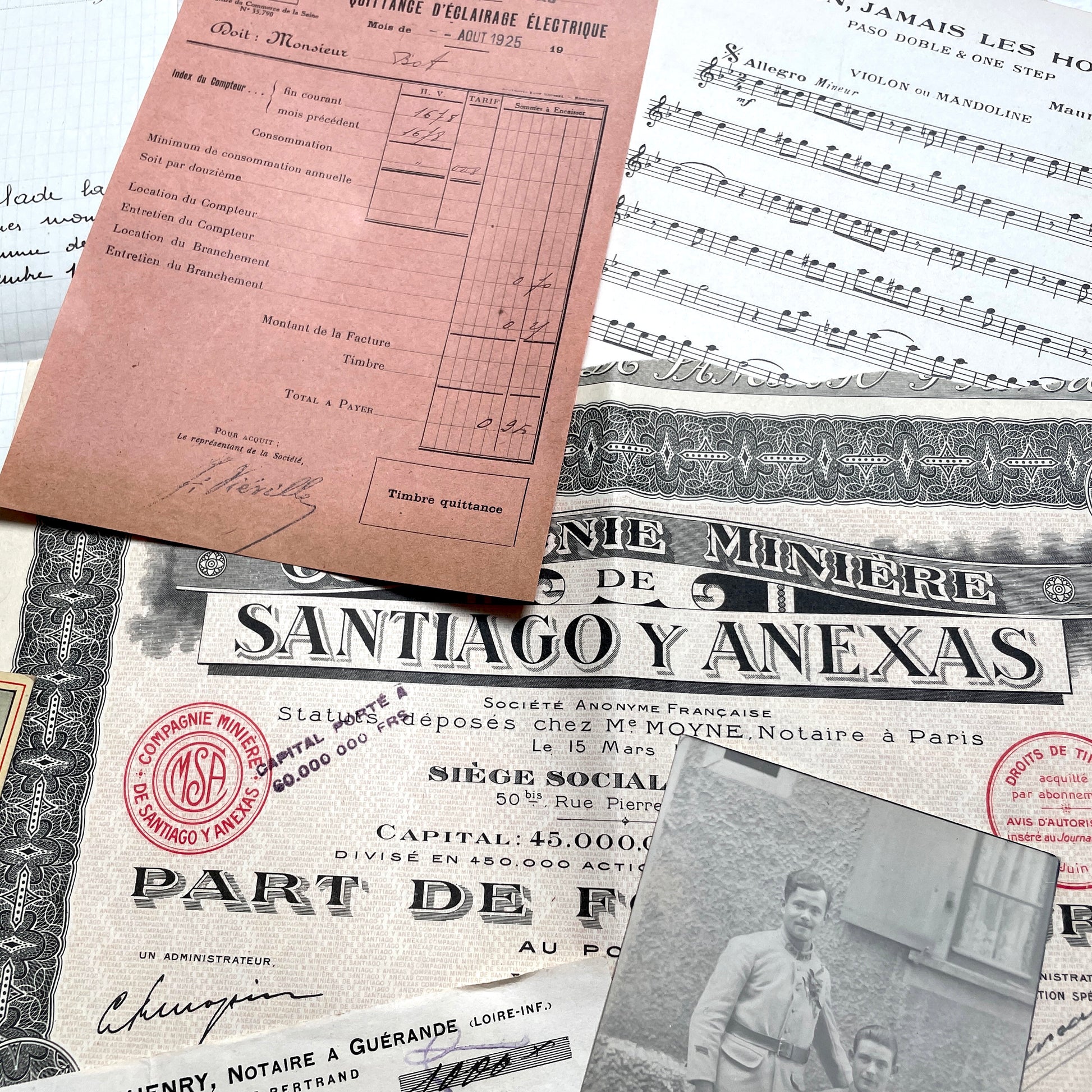 1920s French documents lot with vintage letters, receipts, menu, postcard, and stock certificate, all paper ephemera.