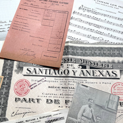1920s French documents lot with vintage letters, receipts, menu, postcard, and stock certificate, all paper ephemera.