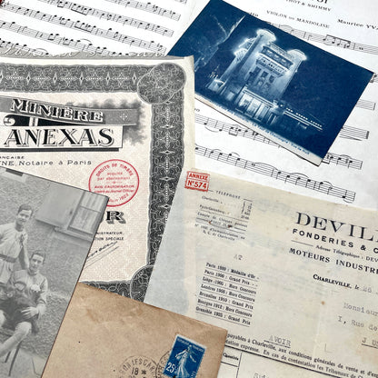1920s French documents lot with vintage letters, receipts, menu, postcard, and stock certificate, all paper ephemera.