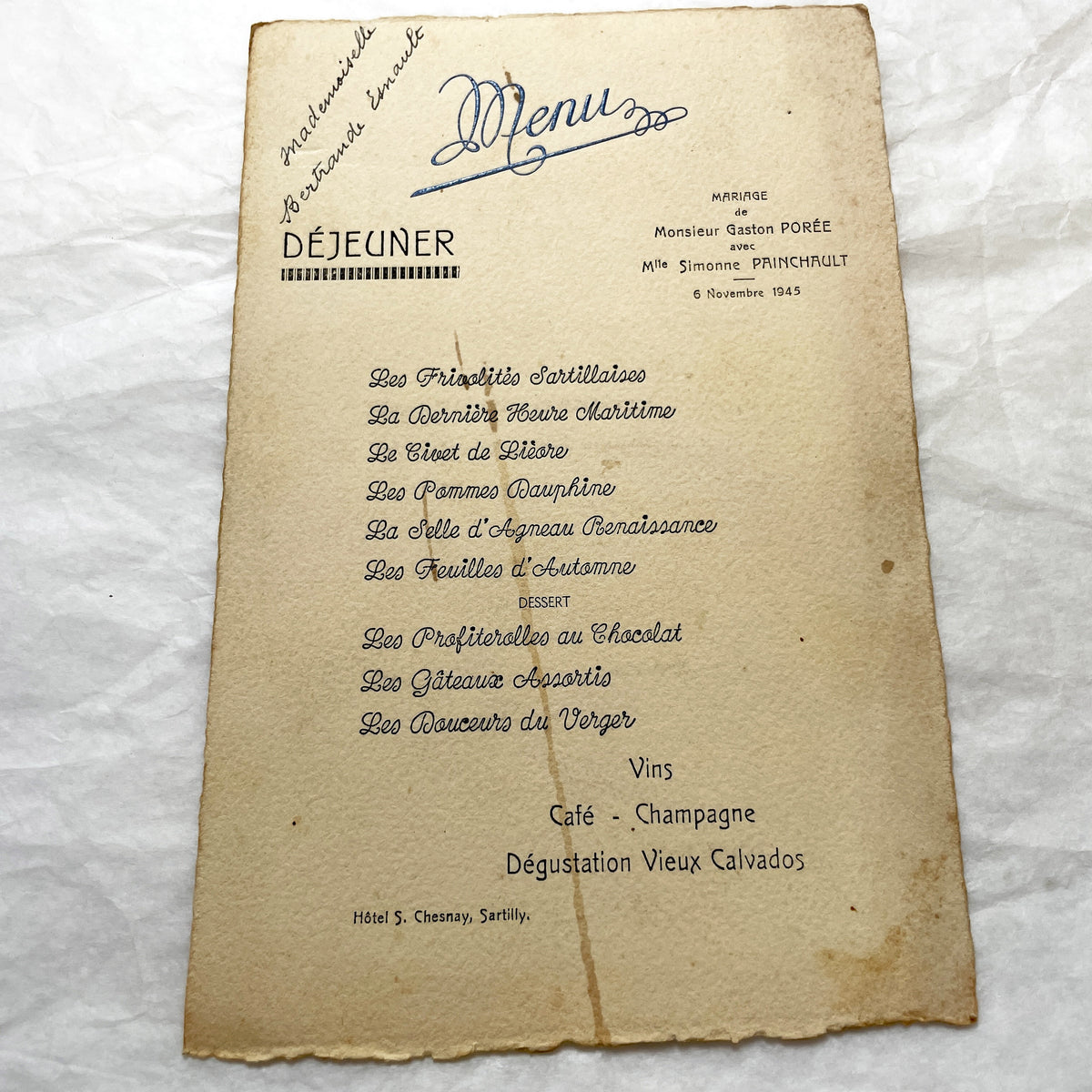 1940s - Vintage French Wedding Menu - Sartilly France - Post War Celebration Memorabilia - Historical Dining Ephemera from 1945