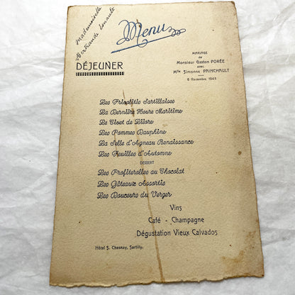 1940s - Vintage French Wedding Menu - Sartilly France - Post War Celebration Memorabilia - Historical Dining Ephemera from 1945