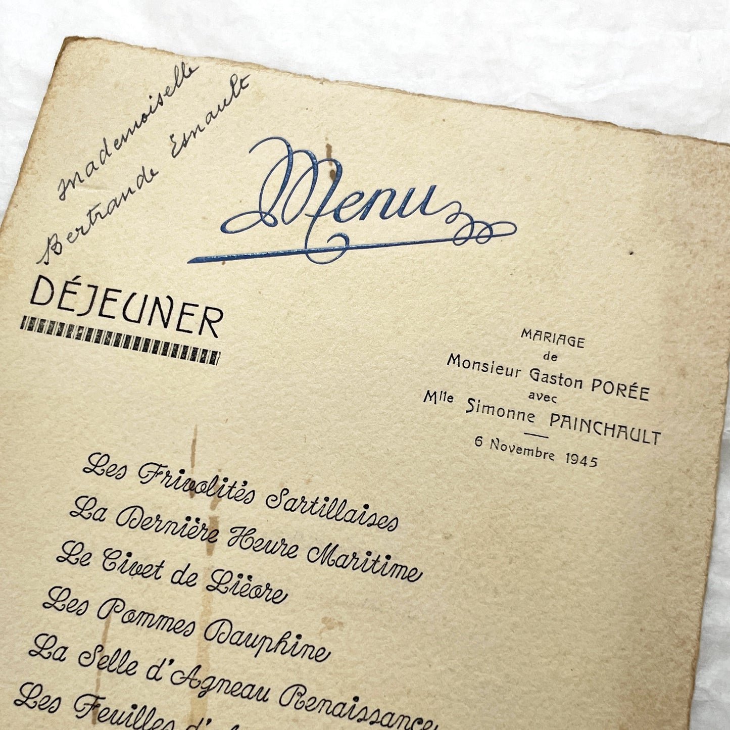 1940s - Vintage French Wedding Menu - Sartilly France - Post War Celebration Memorabilia - Historical Dining Ephemera from 1945
