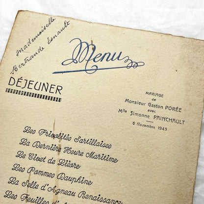 1940s - Vintage French Wedding Menu - Sartilly France - Post War Celebration Memorabilia - Historical Dining Ephemera from 1945