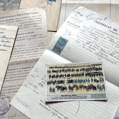 1920s French documents lot with vintage letters, receipts, menu, postcard, and stock certificate, all paper ephemera.